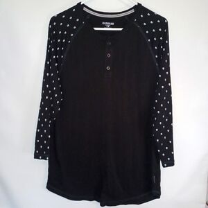 Express Black and White Button Henley Shirt Relaxed Fit With Skulls On Sleeves